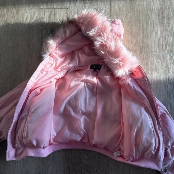Dolls Kill Pink Faux Fur Hood Butterfly Bomber Jacket - Picture 6 of 8